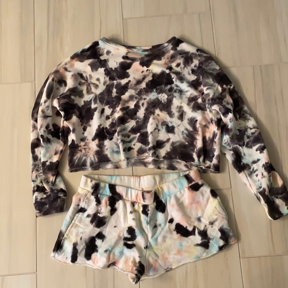 Matching tie dye sweatshirt and shorts